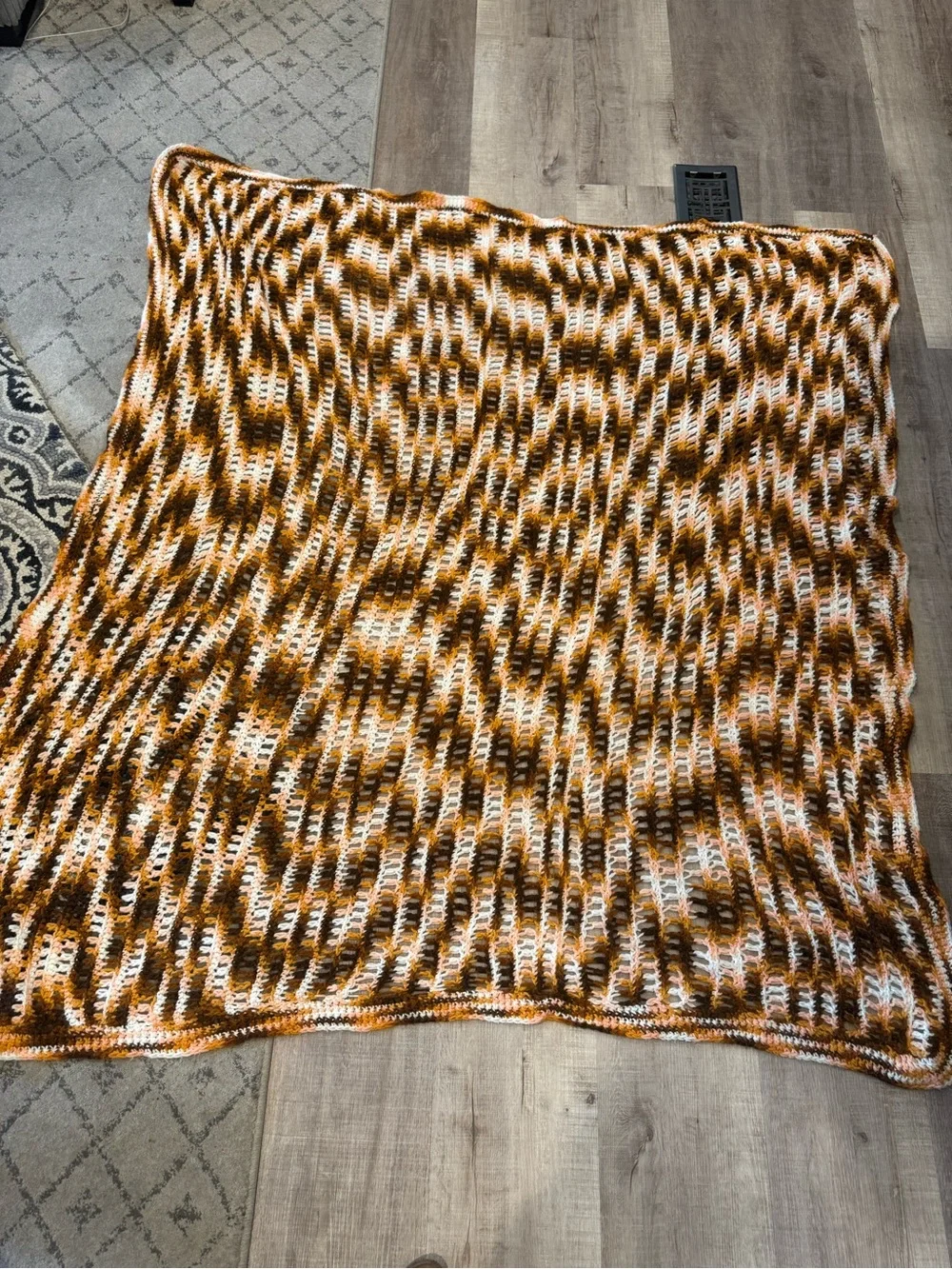 Vintage 50X50 Orange, Brown, Cream, Coral Handmade Crochet Blanket Retro Y2K